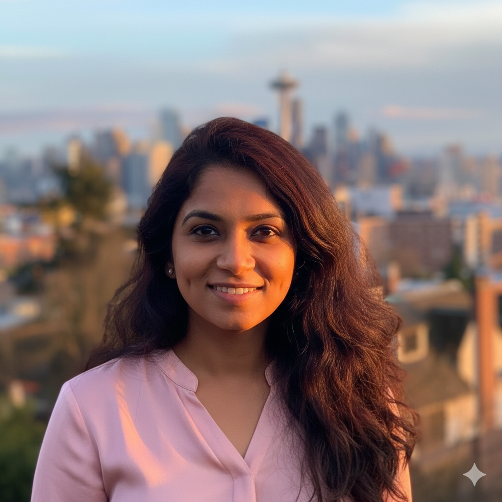 Dimple Nangia, with the Seattle skyline behind her